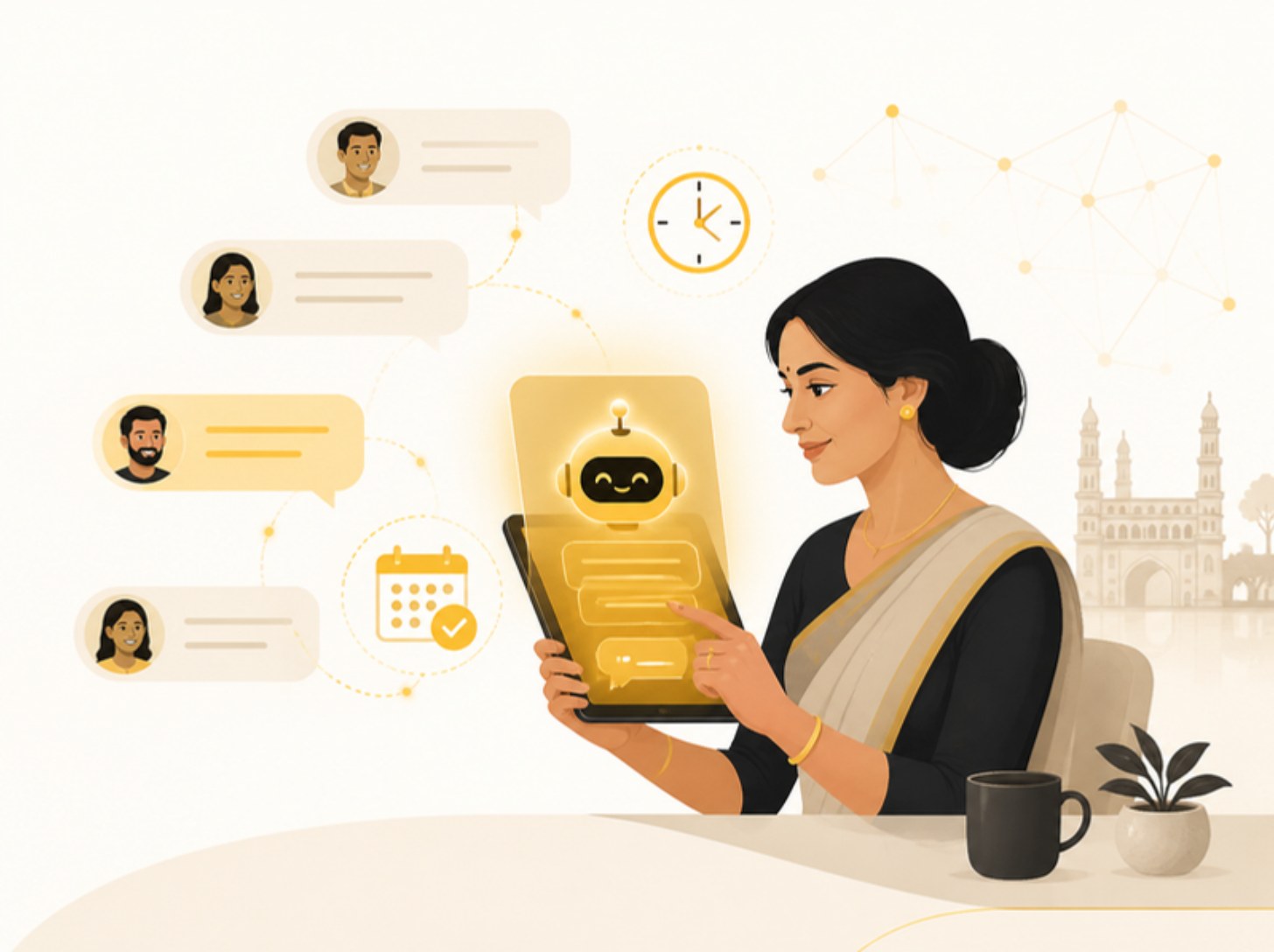 Illustration of a Hyderabad business owner chatting with an AI assistant on a tablet that answers customers around the clock