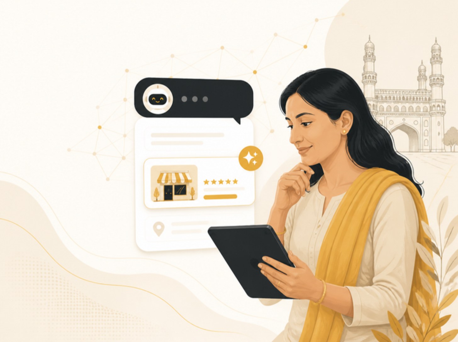 Illustration of a Hyderabad business owner seeing her business recommended inside an AI assistant answer