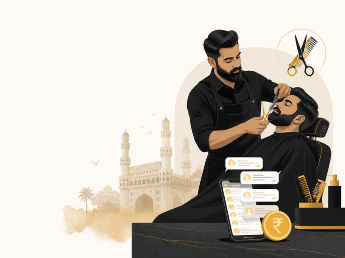 Illustration of a barber trimming a beard in a Hyderabad salon with WhatsApp chat bubbles arriving on a phone