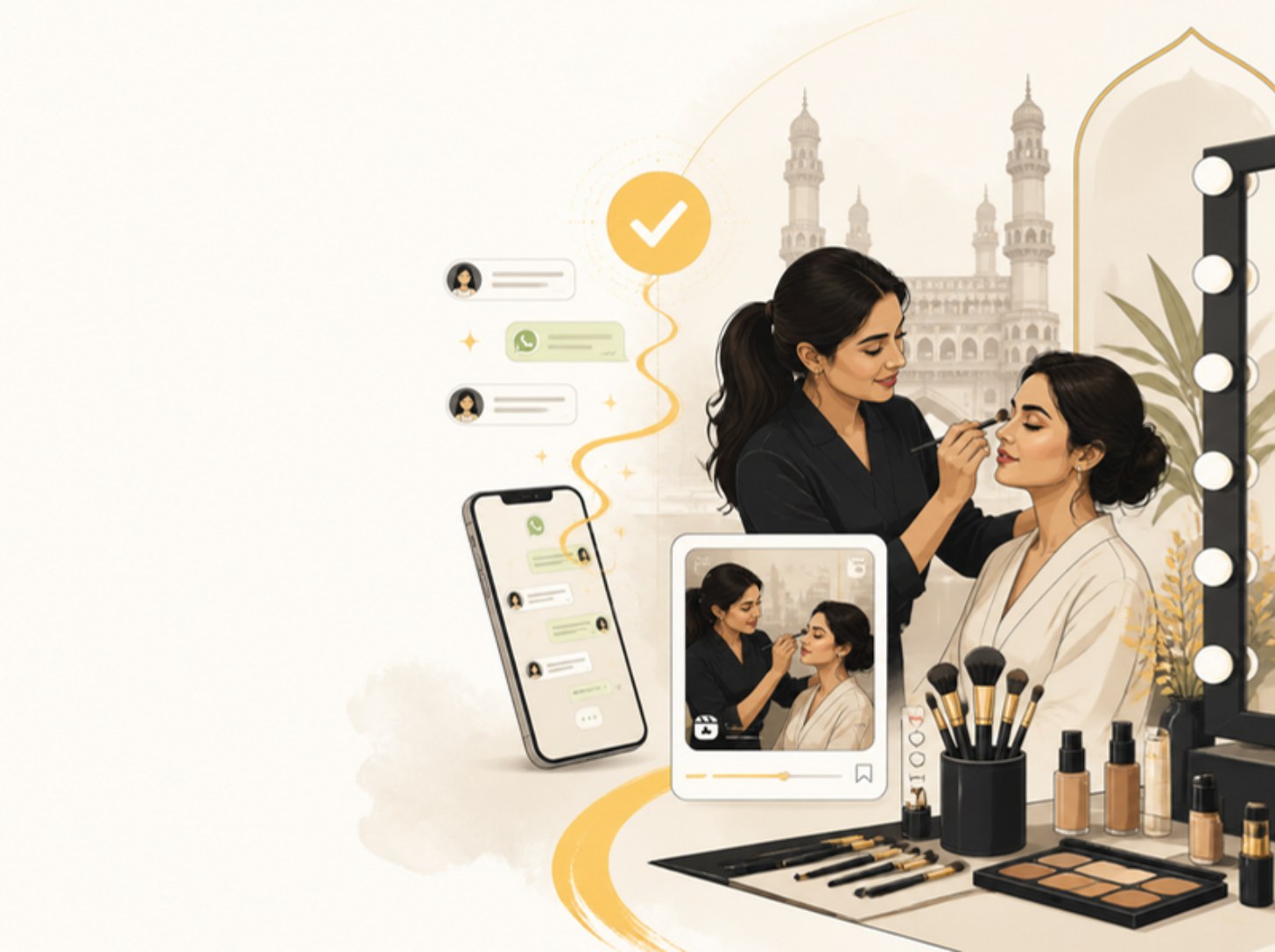Illustration of a makeup instructor demonstrating on a student with WhatsApp enquiry bubbles rising from a phone