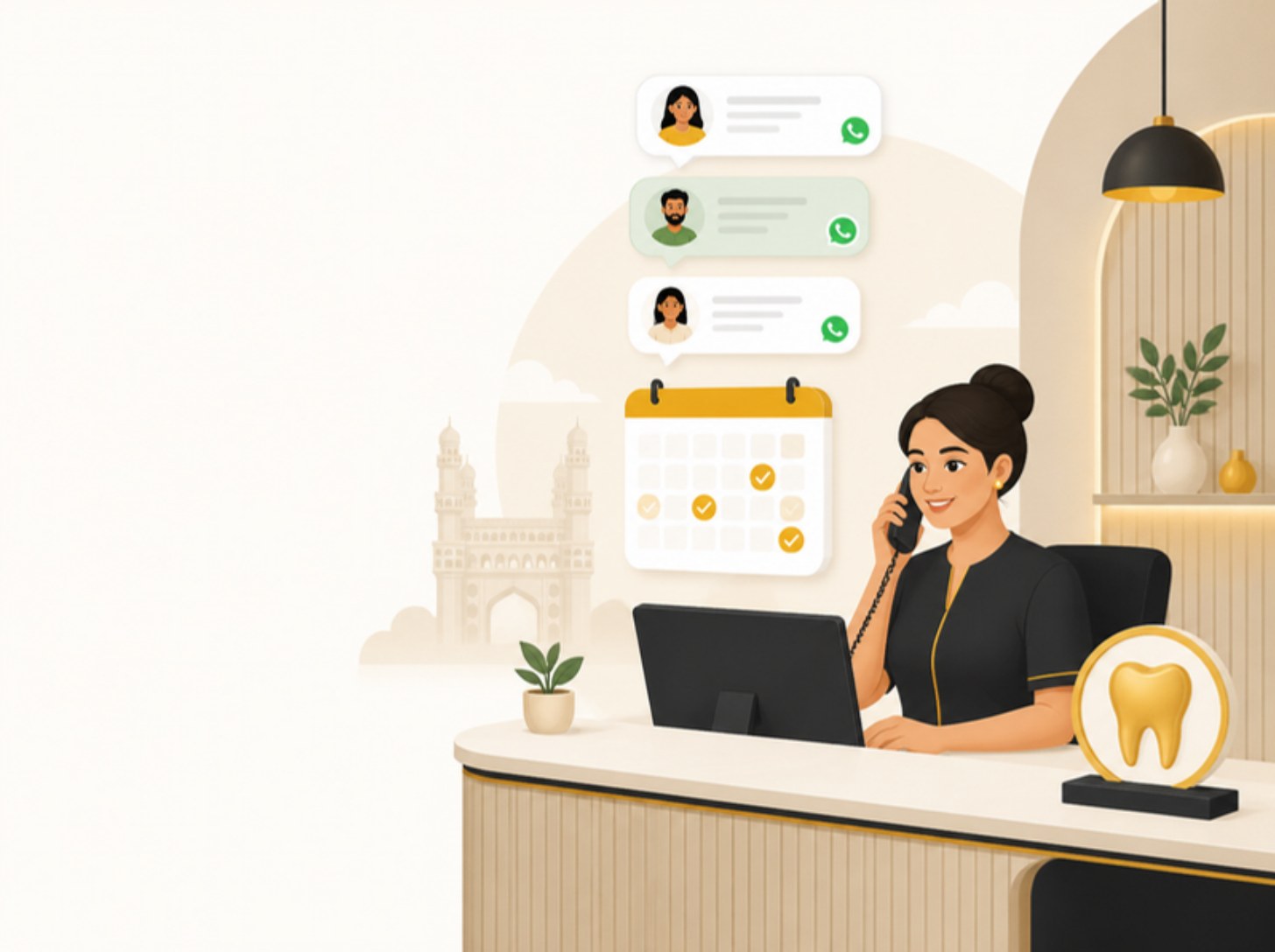 Illustration of a dental clinic receptionist answering a call with appointment bubbles above a booked calendar