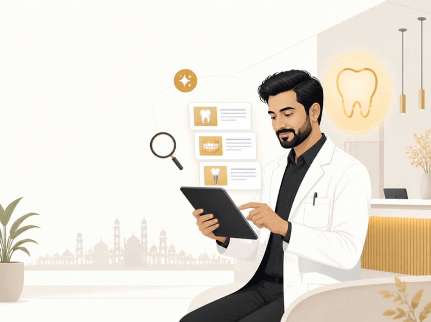 Illustration of a dentist reviewing patient-education articles on a tablet in a modern dental clinic
