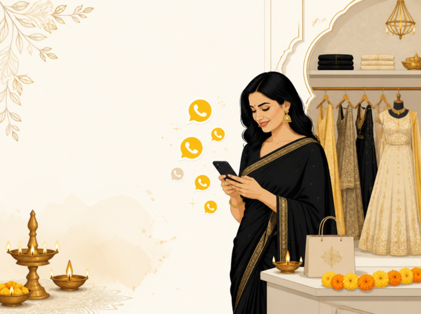 Illustration of a boutique owner holding a phone with WhatsApp enquiries among sarees, lehengas and Diwali lamps
