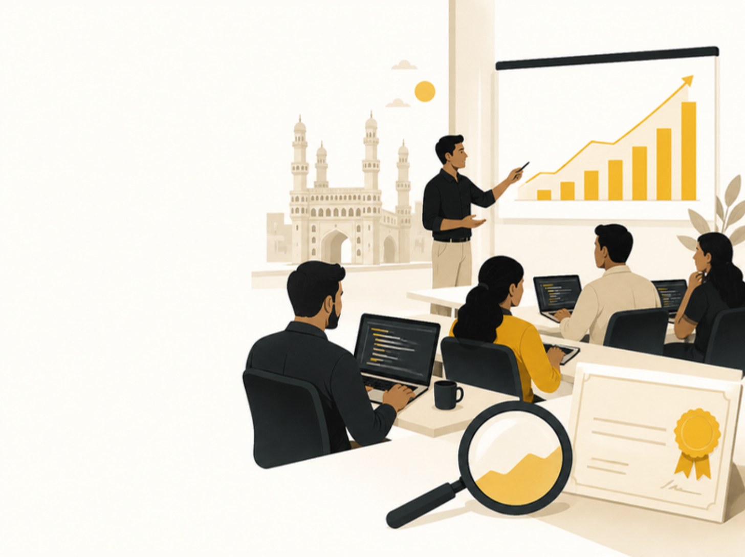 Illustration of a Hyderabad software training classroom with a rising enrolment chart and a certificate