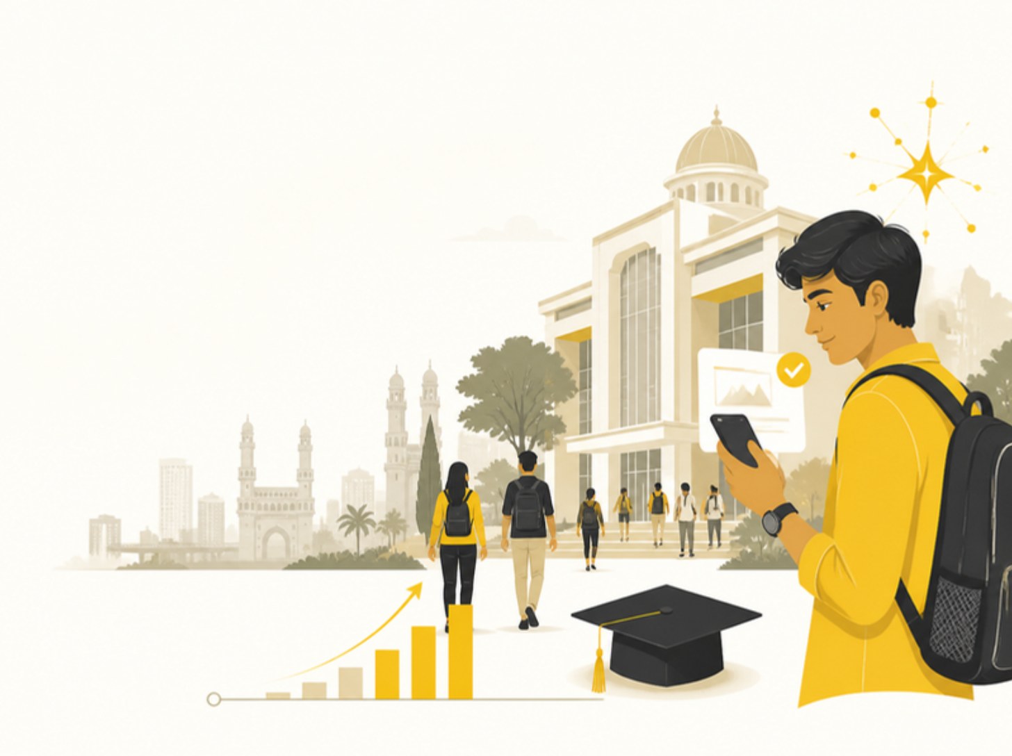 Illustration of students walking into a new Hyderabad college campus with a growth chart rising from zero