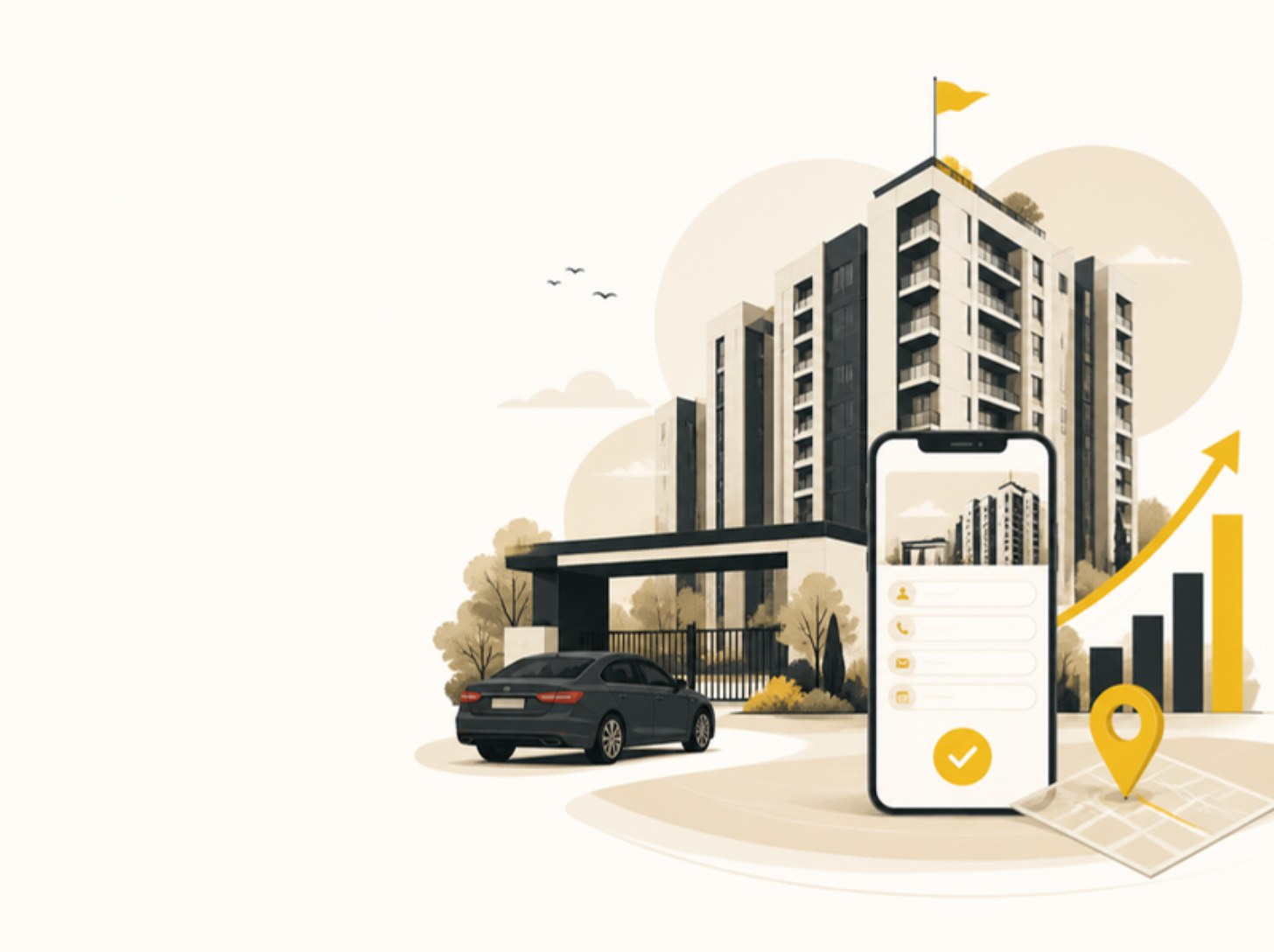 Illustration of a gated apartment project in Hyderabad with a site-visit car and a lead form on a phone