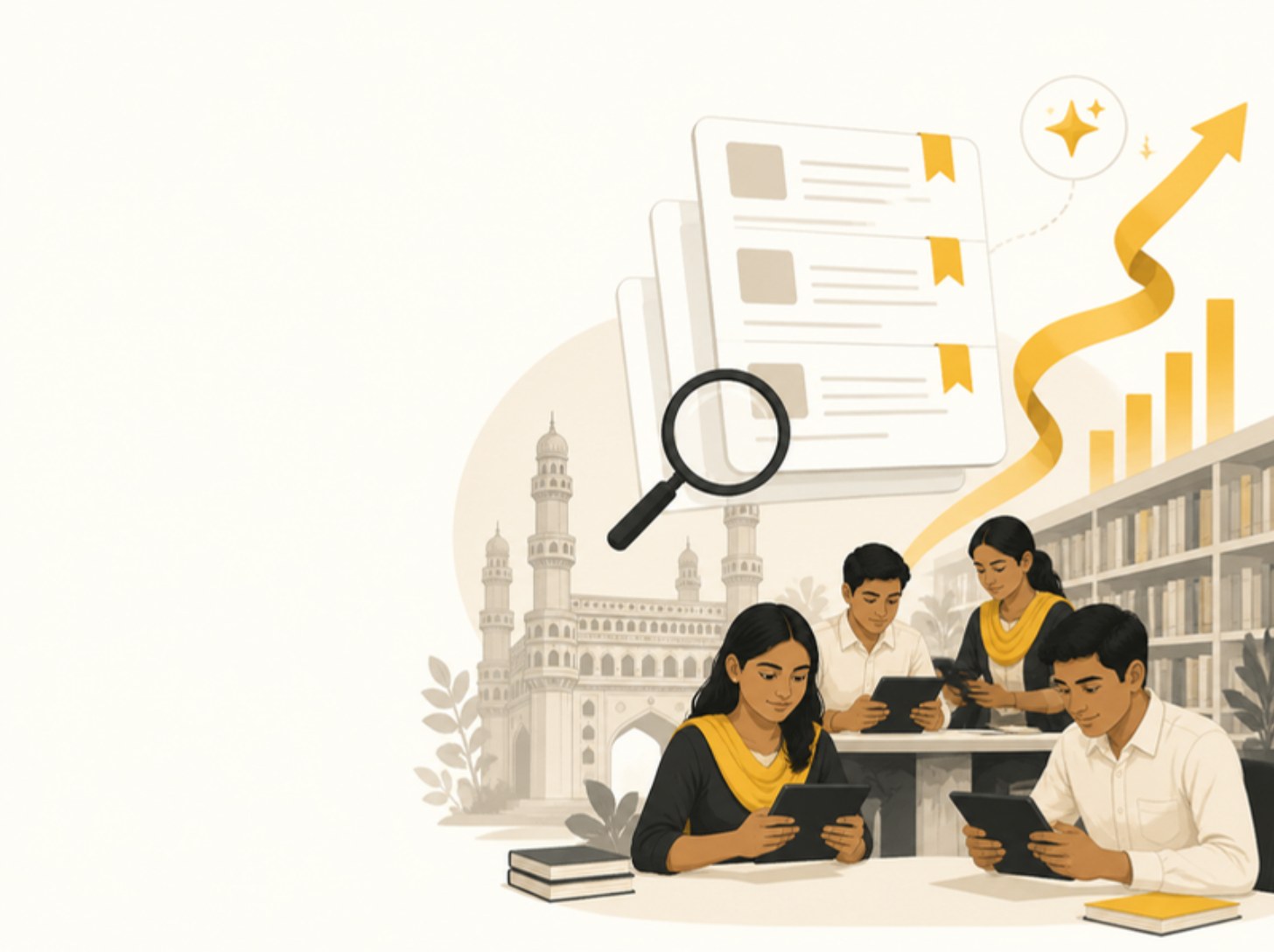 Illustration of junior college students reading on tablets in a library with article cards and a rising ranking ribbon