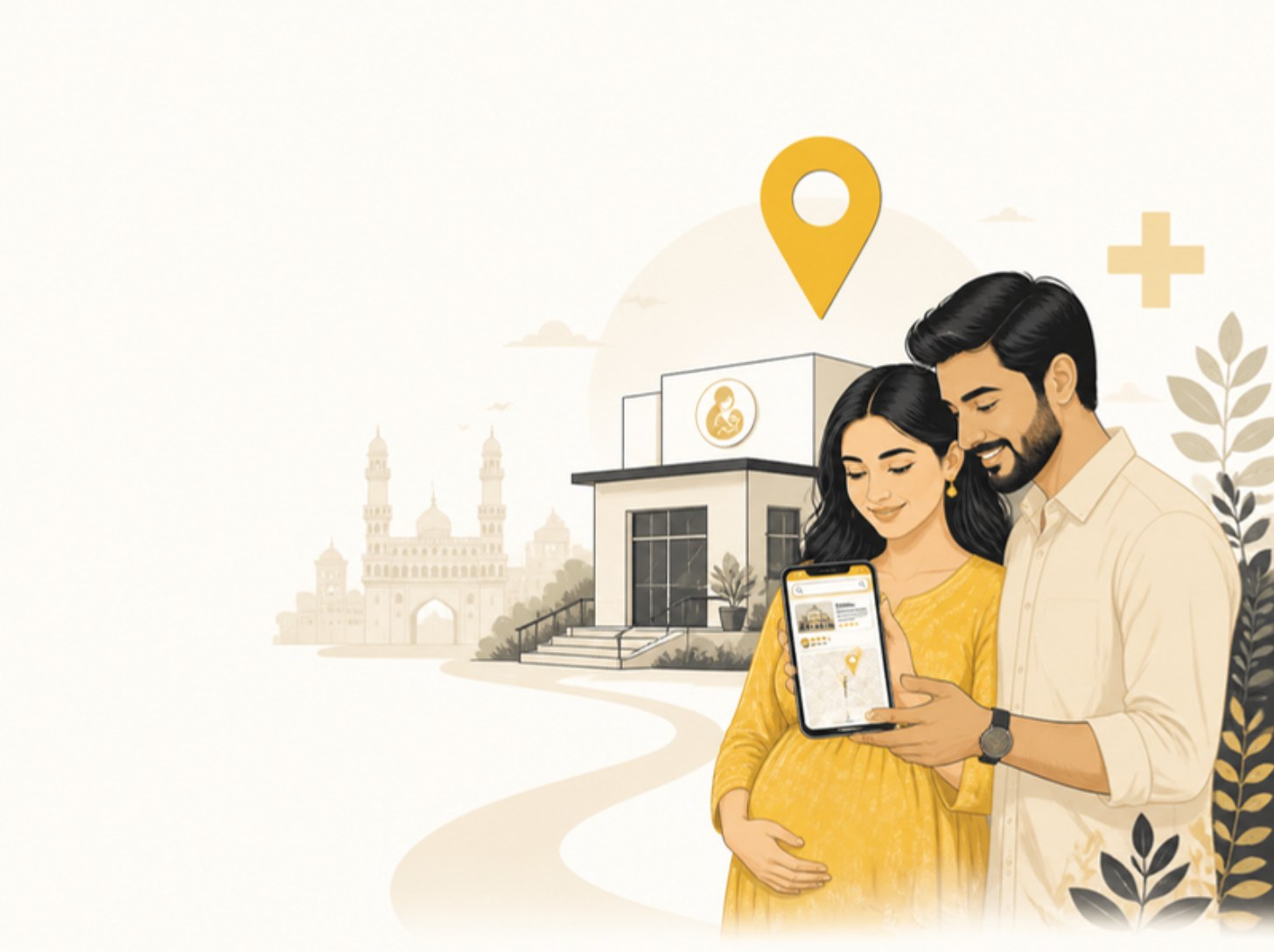 Illustration of a couple finding a neighbourhood clinic in Hyderabad through a phone map with a golden pin above the building