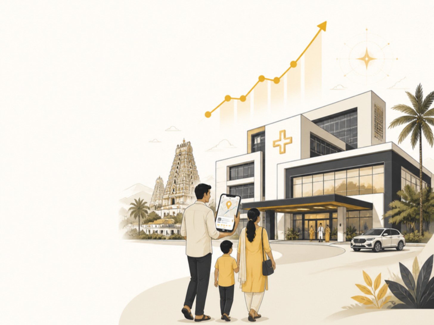 Illustration of a family arriving at a modern multispecialty hospital in Kadapa after a phone search, with a rising chart above