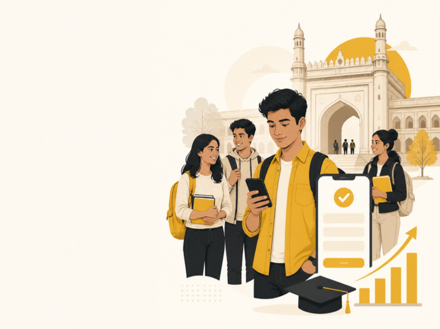 Illustration of college students in front of a campus building, one checking an admission enquiry on a phone