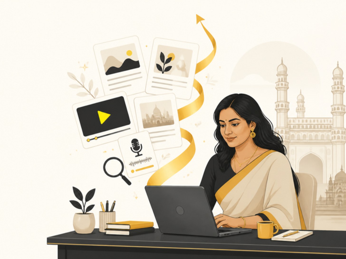 Illustration of a Hyderabad business owner at a laptop with article, video and podcast cards rising on a golden ribbon