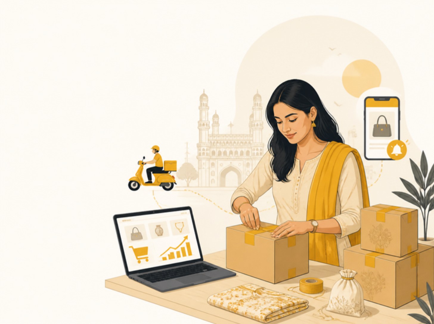 Illustration of a Hyderabad e-commerce founder packing parcels with an online store and rising orders on a laptop