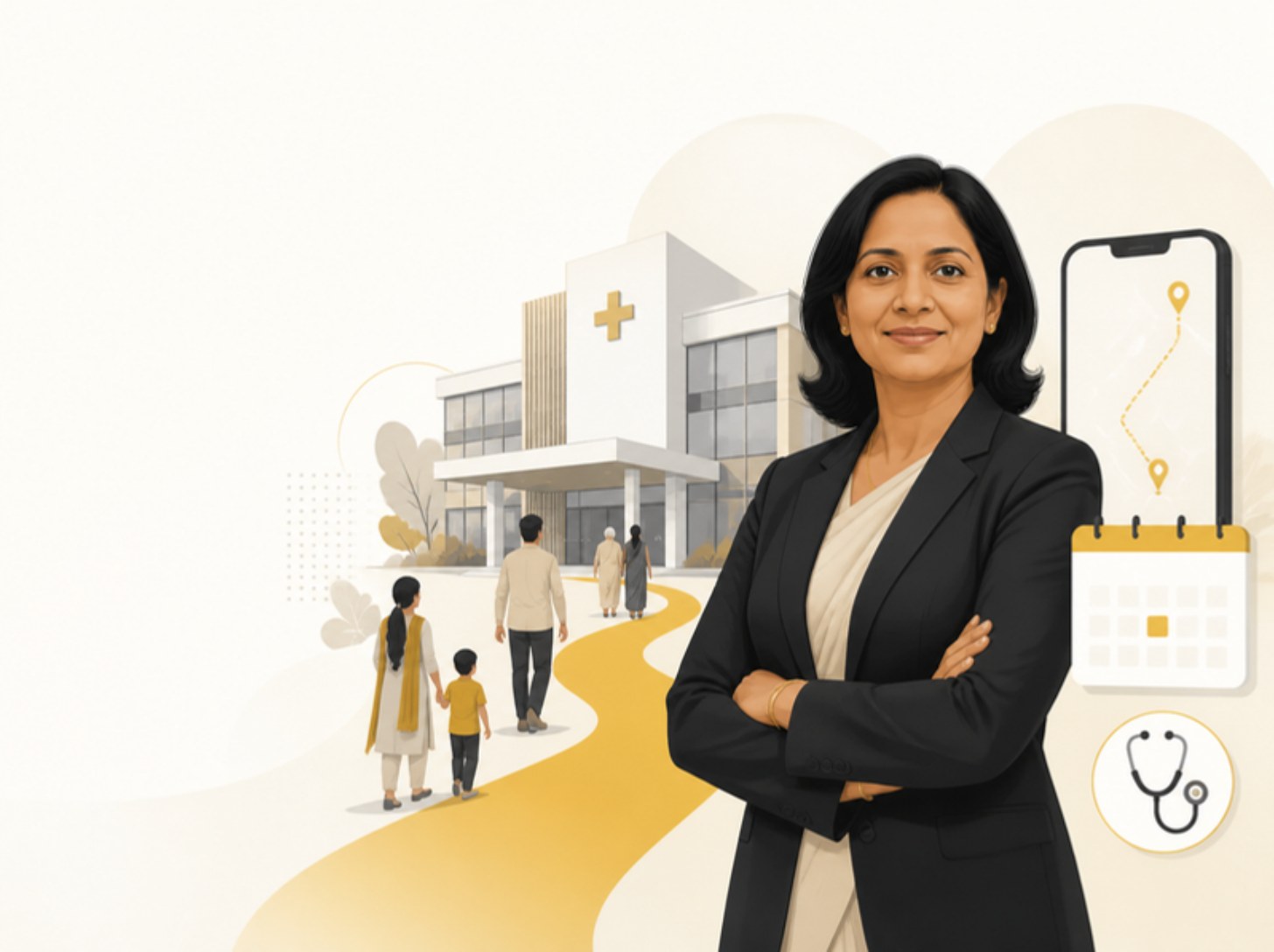 Illustration of a hospital administrator in front of a modern hospital as patients arrive along a golden path from a phone map