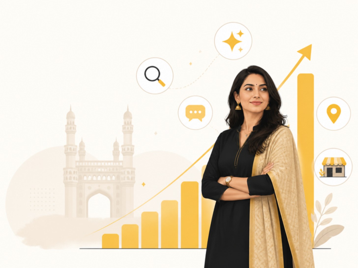 Illustration of a Hyderabad business owner beside a rising growth chart with search, AI, chat and map icons, Charminar in the background