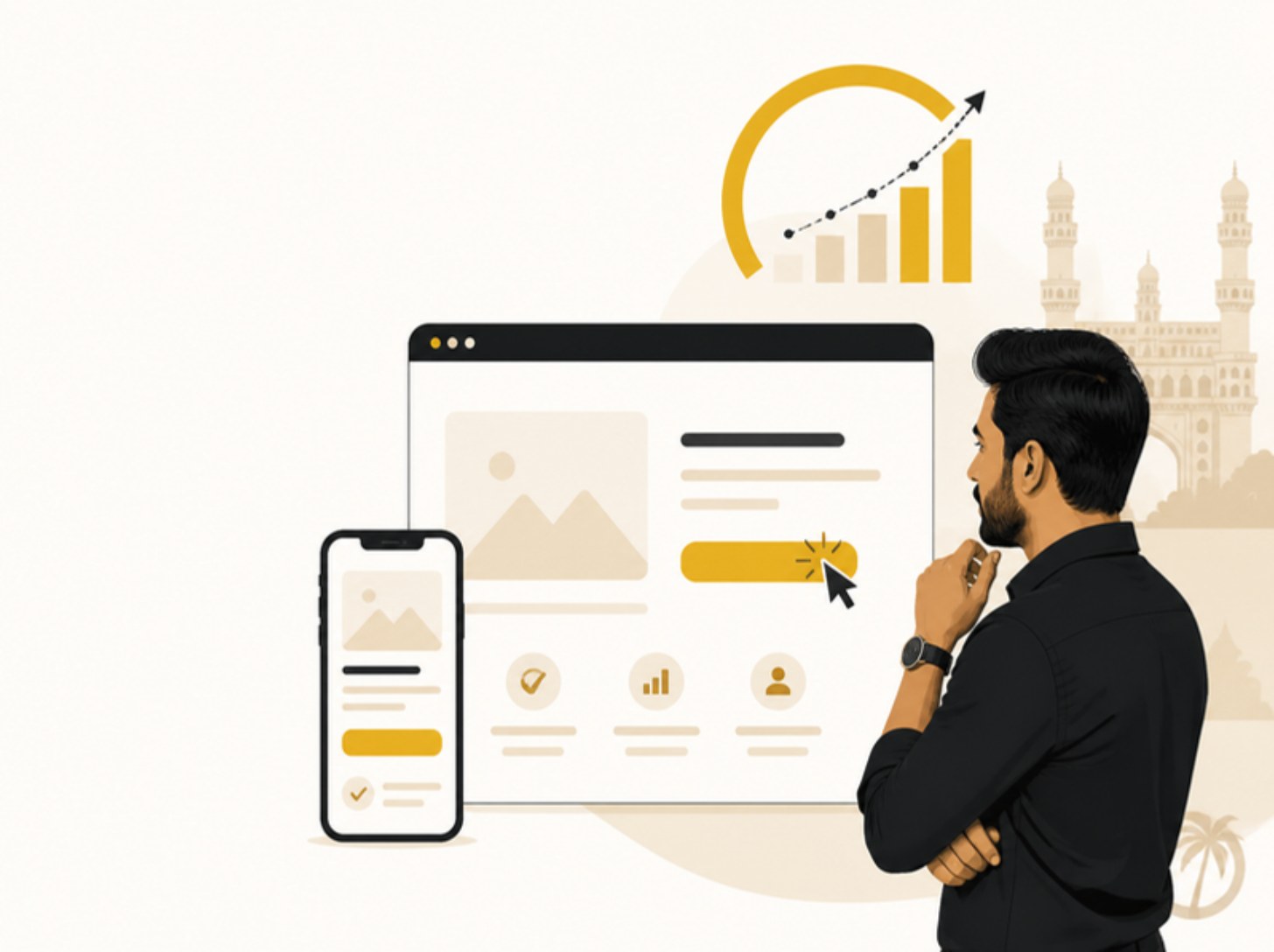Illustration of a Hyderabad business owner reviewing a clean landing page with a golden call-to-action button and a rising conversion arc