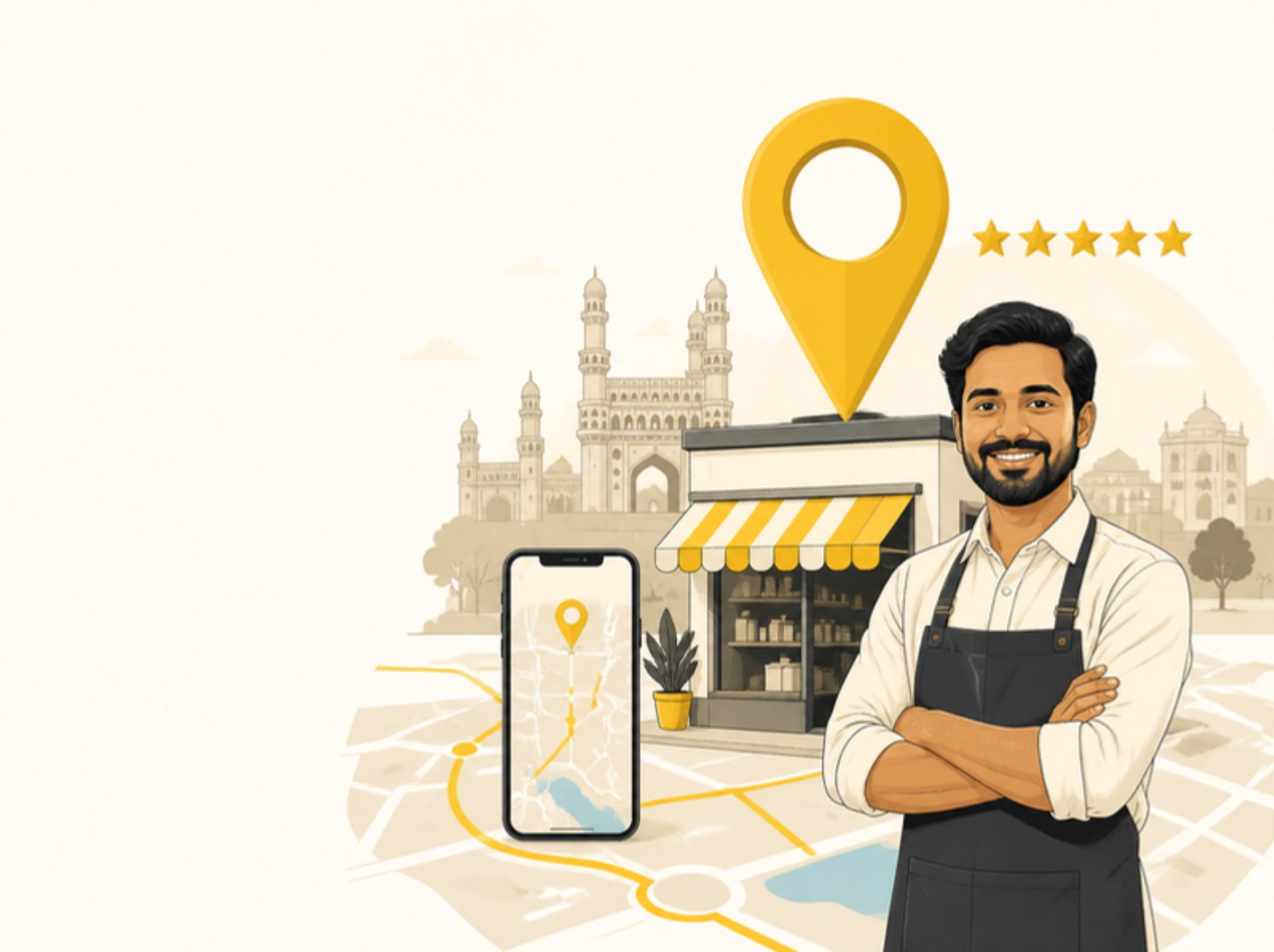 Illustration of a Hyderabad shop owner in front of his store with a large map pin and five stars above it