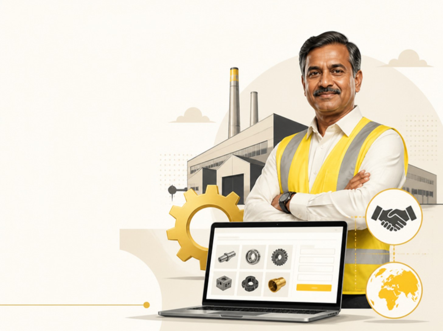 Illustration of a Hyderabad factory owner in front of a clean factory with a product catalogue website on a laptop