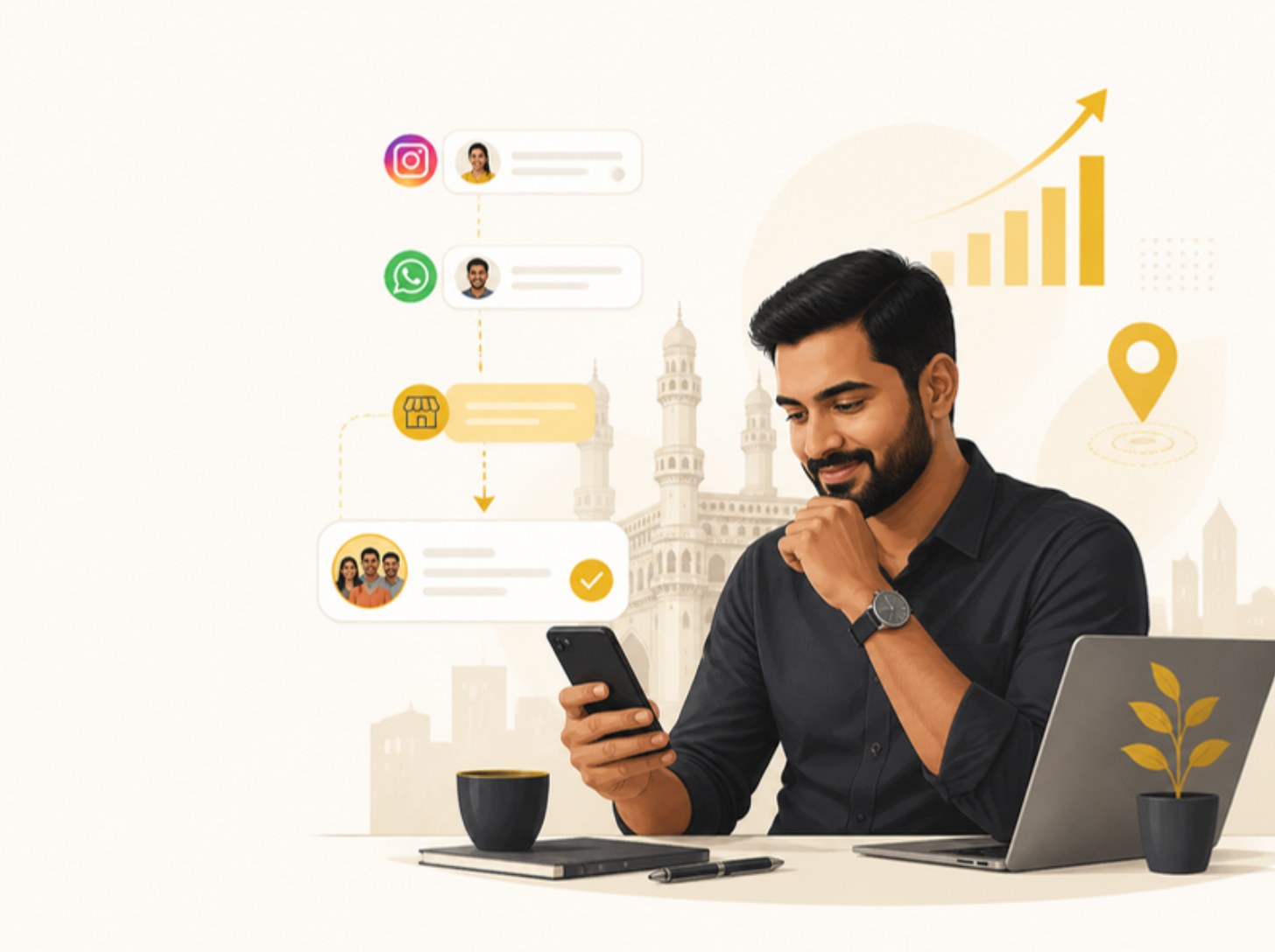 Illustration of a Hyderabad business owner receiving WhatsApp and Instagram enquiries from Meta Ads, with Charminar in the background
