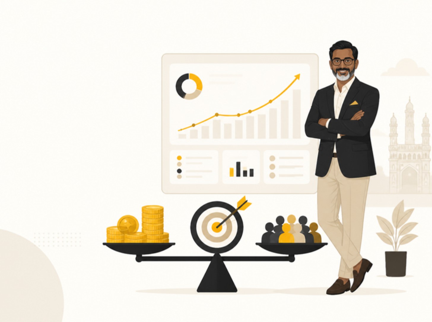 Illustration of a Hyderabad business owner beside a dashboard balancing ad spend against new customers