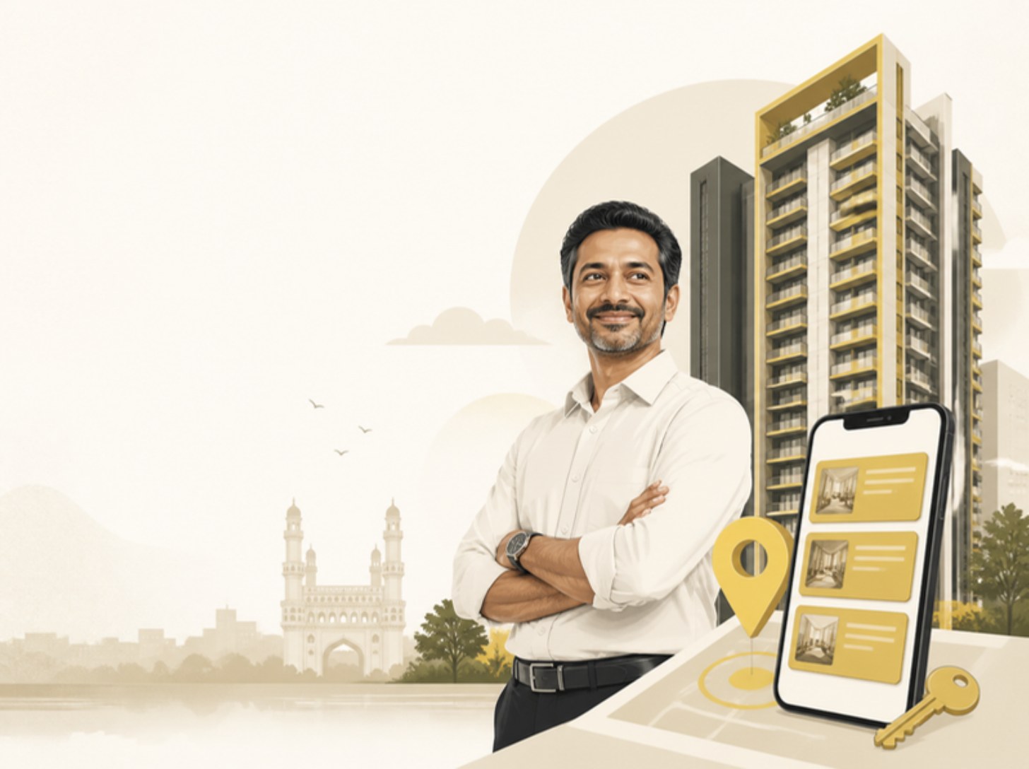 Illustration of a Hyderabad property developer in front of an apartment tower with site-visit bookings on a phone