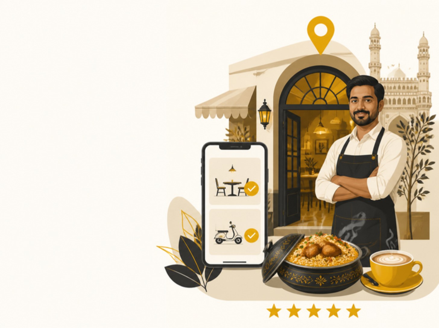 Illustration of a Hyderabad restaurant owner at a cafe entrance with table bookings and delivery orders on a phone
