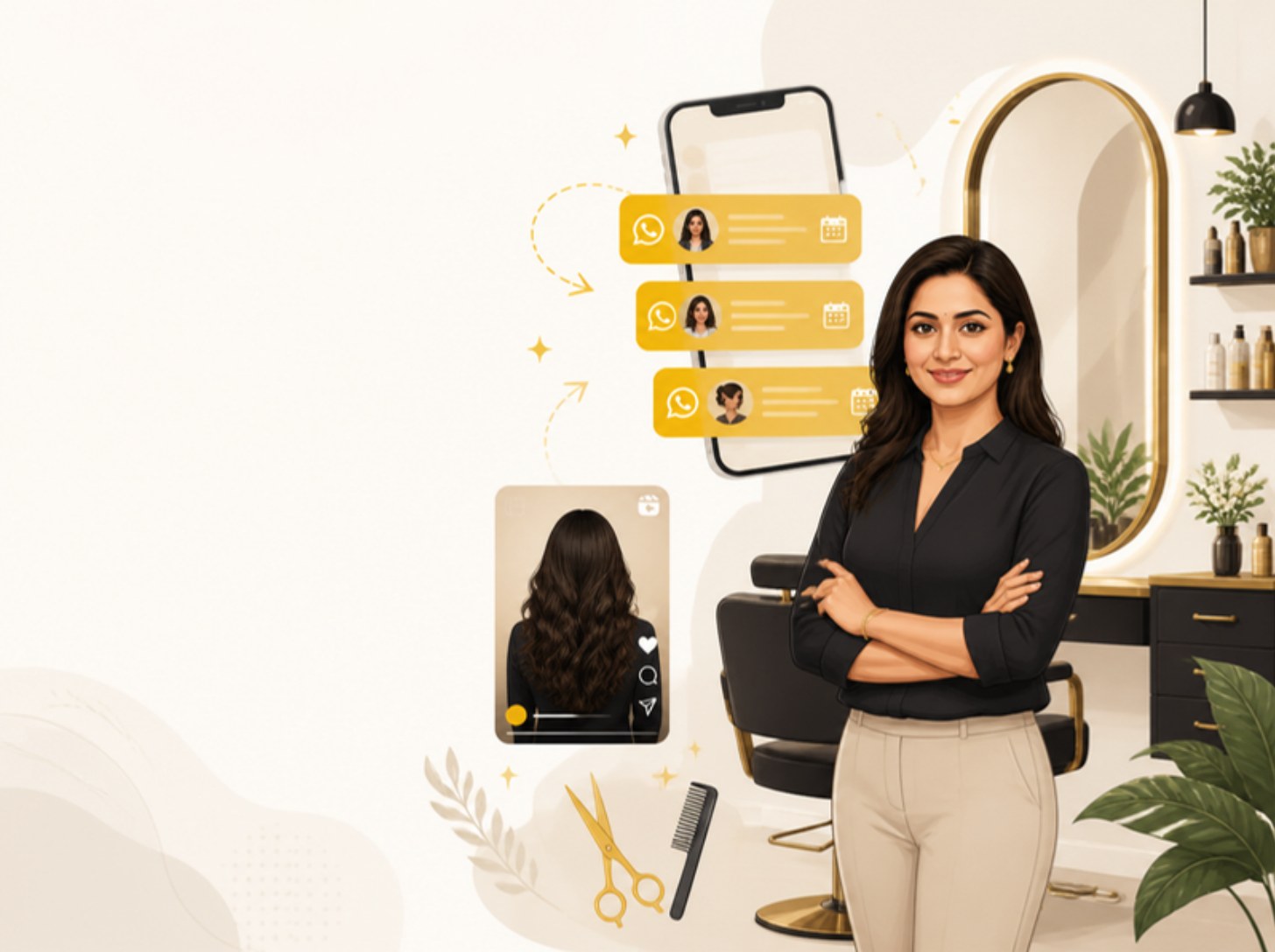 Illustration of a Hyderabad salon owner in a modern salon with appointment bookings arriving on WhatsApp