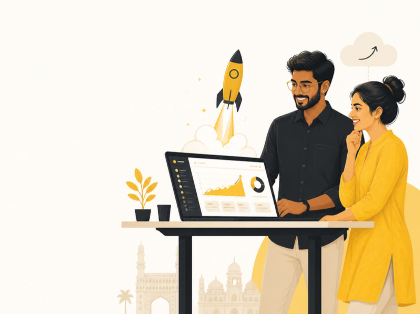 Illustration of two Hyderabad startup founders at a laptop with a golden rocket taking off from the screen
