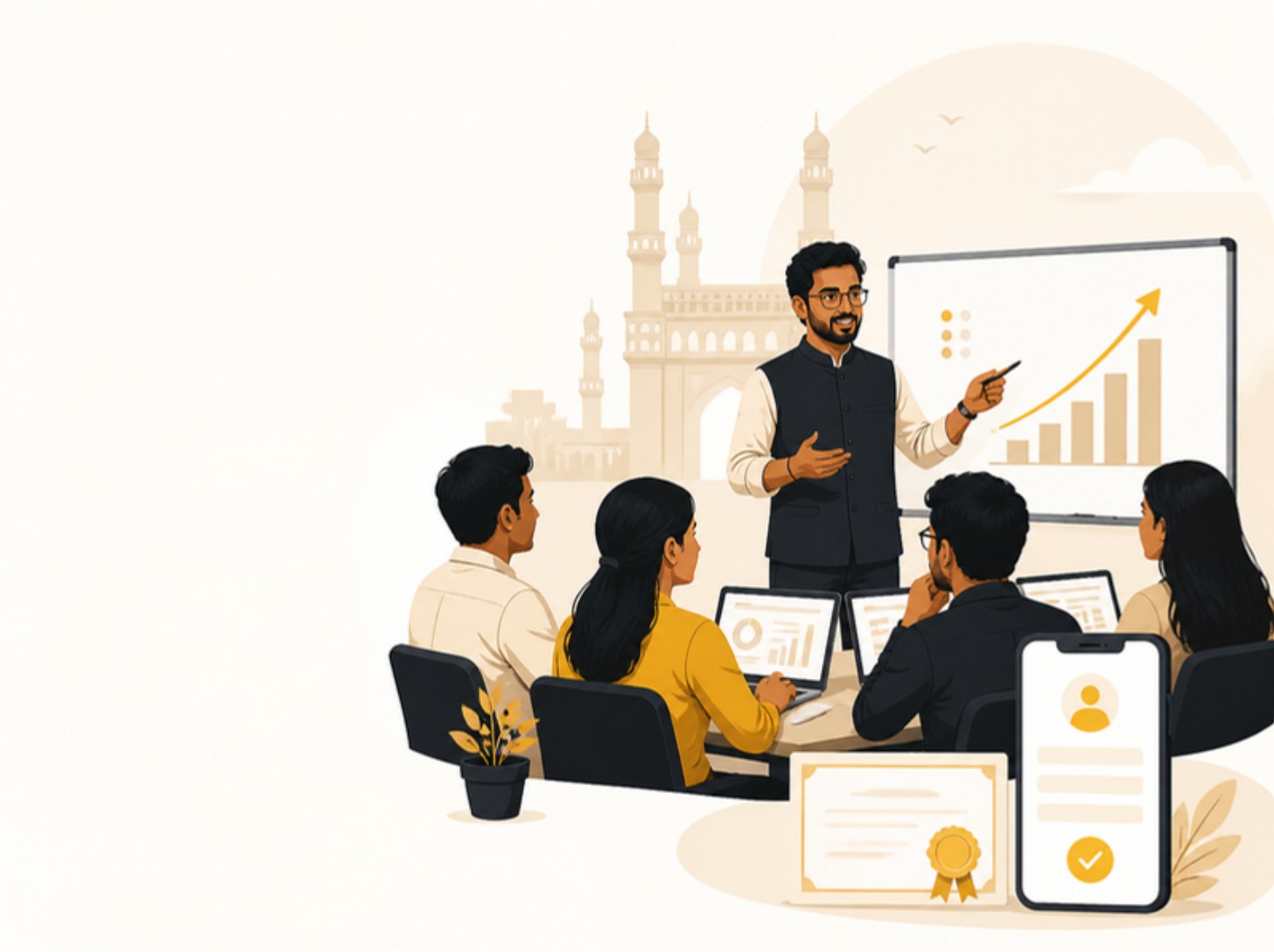 Illustration of a Hyderabad trainer teaching adult learners with a certificate and a course enquiry on a phone