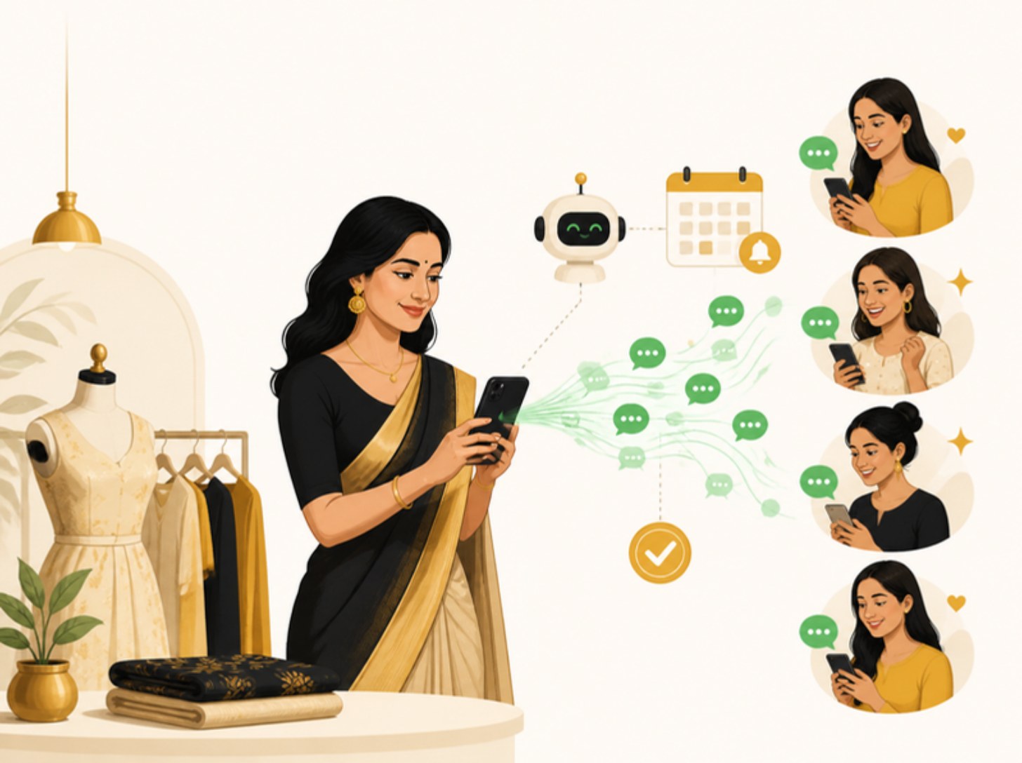 Illustration of a Hyderabad boutique owner sending automated WhatsApp messages to a row of happy customers