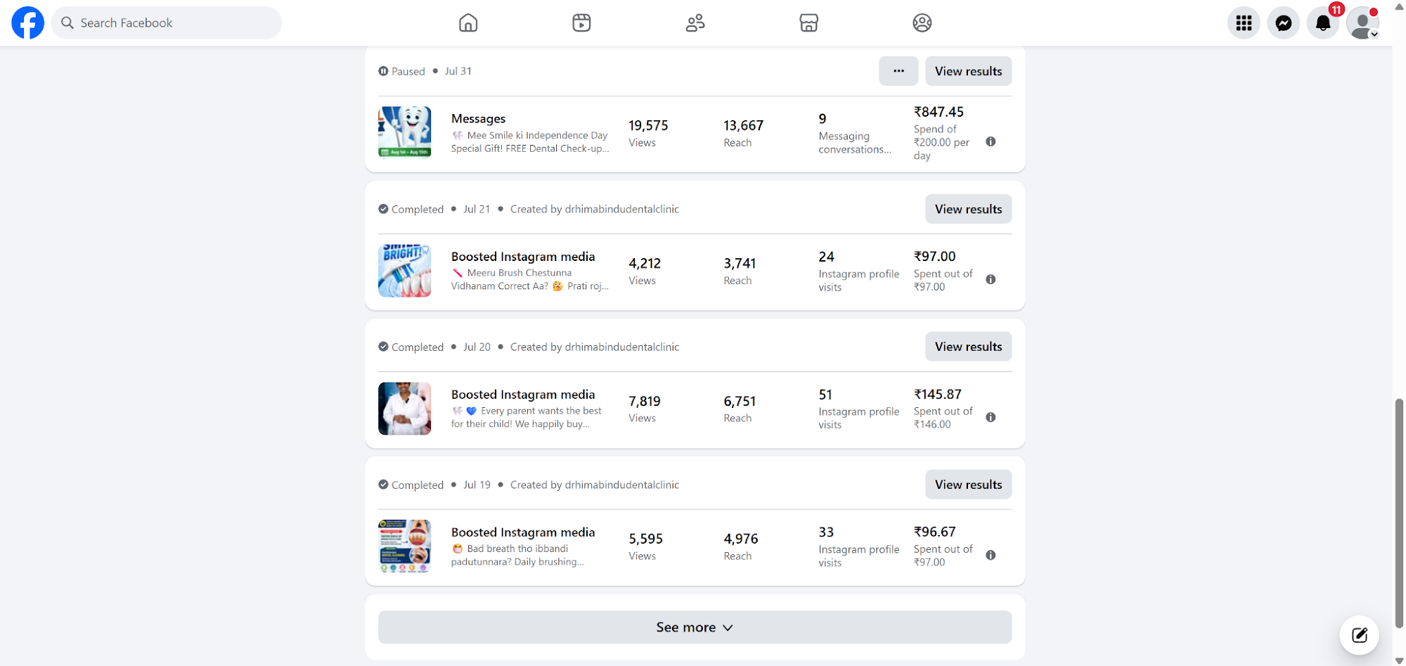 Dr Himabindu Dental Clinic Meta Ads Manager screenshot 1 of 2