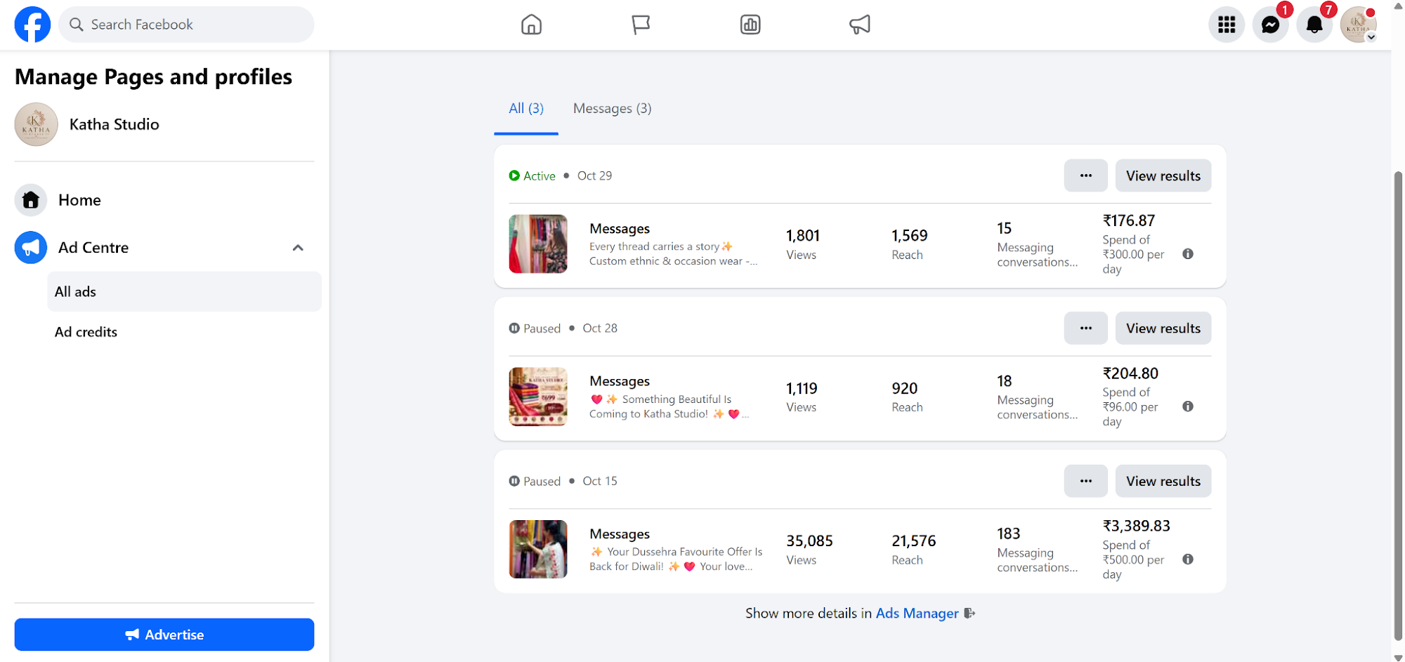 Katha Studio Meta Ads Manager screenshot